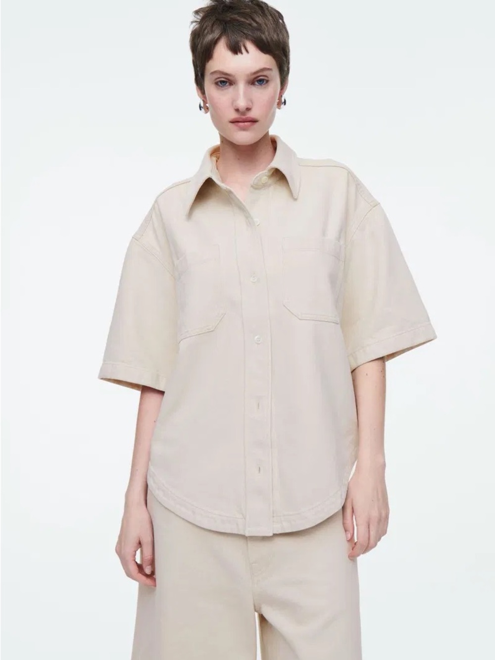 Like New, COS Oversized Short-Sleeve Button-Up Shirt in Sand Color Denim, Size 4